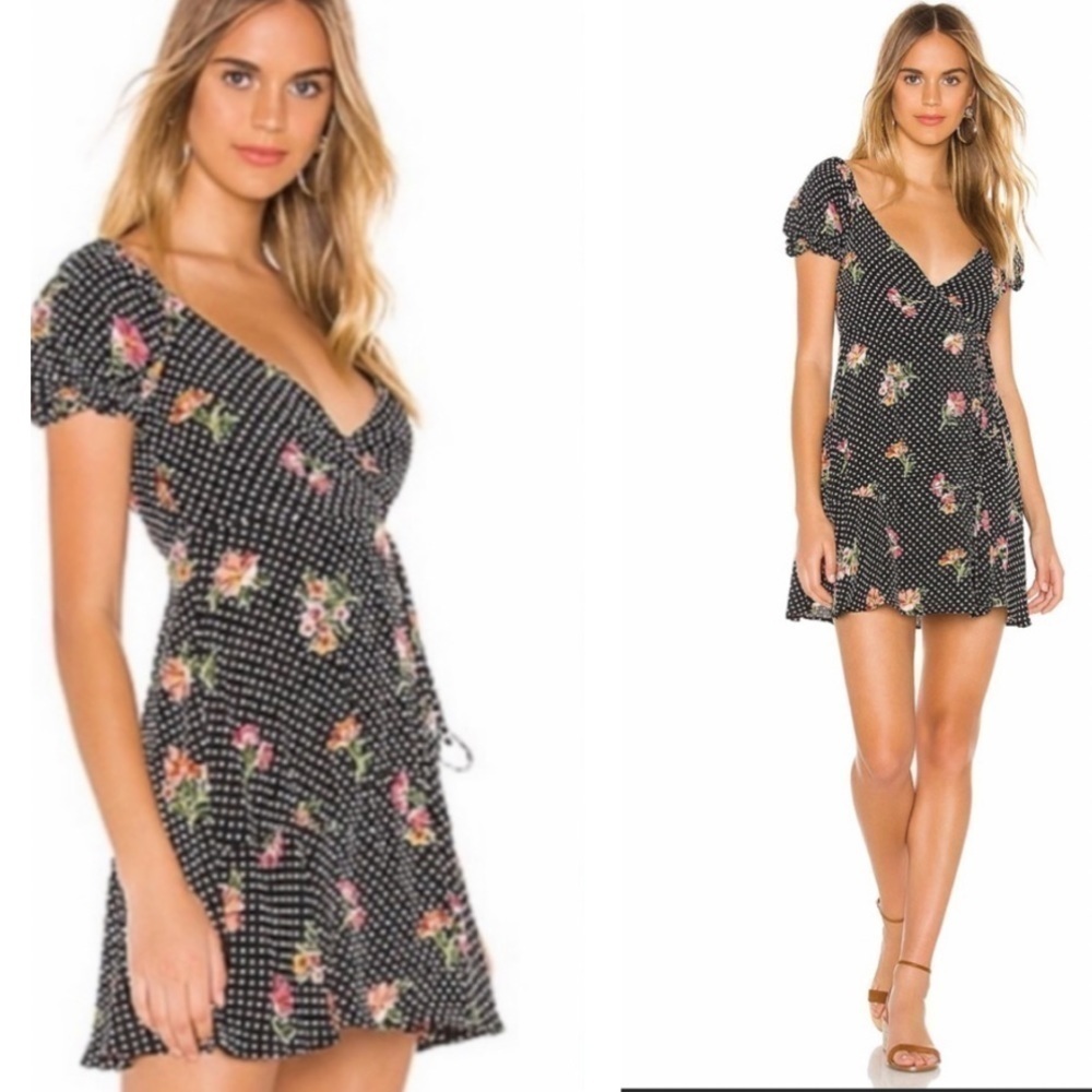 Flynn Skye Annabelle Mini Wrap Dress Polka Dot Floral Pattern V Neck Black SZ XS - Picture 14 of 14